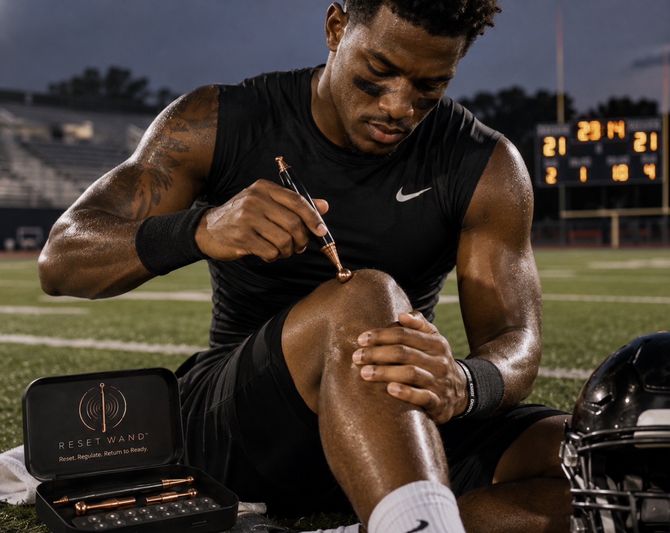 A football player on the sideline using the Reset Wand on acupressure points at his knee