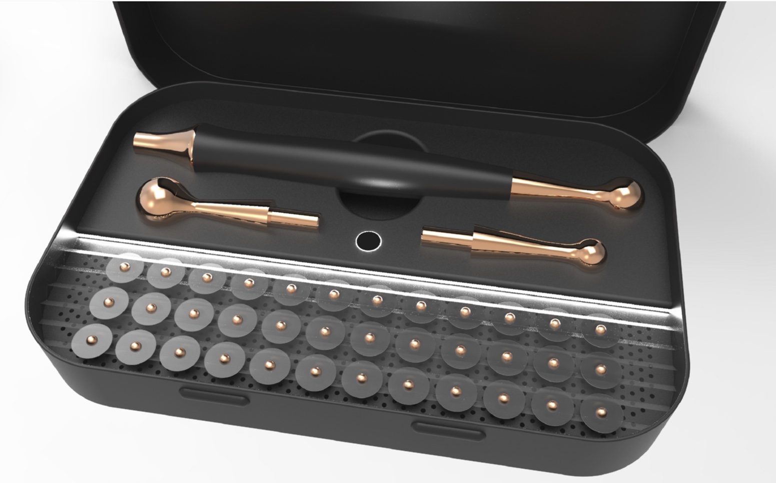 The Reset Wand case open to show the wand, interchangeable copper tips, and rows of magnetic ear seeds